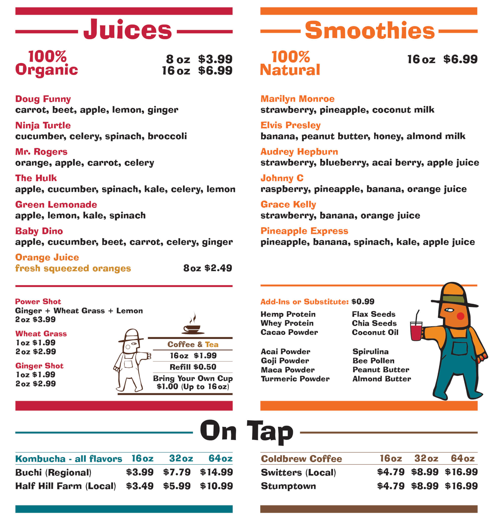 Photo of Turnip Truck's Juice Bar menu featuring our 100% organic fresh juices and 100% natural smoothies.