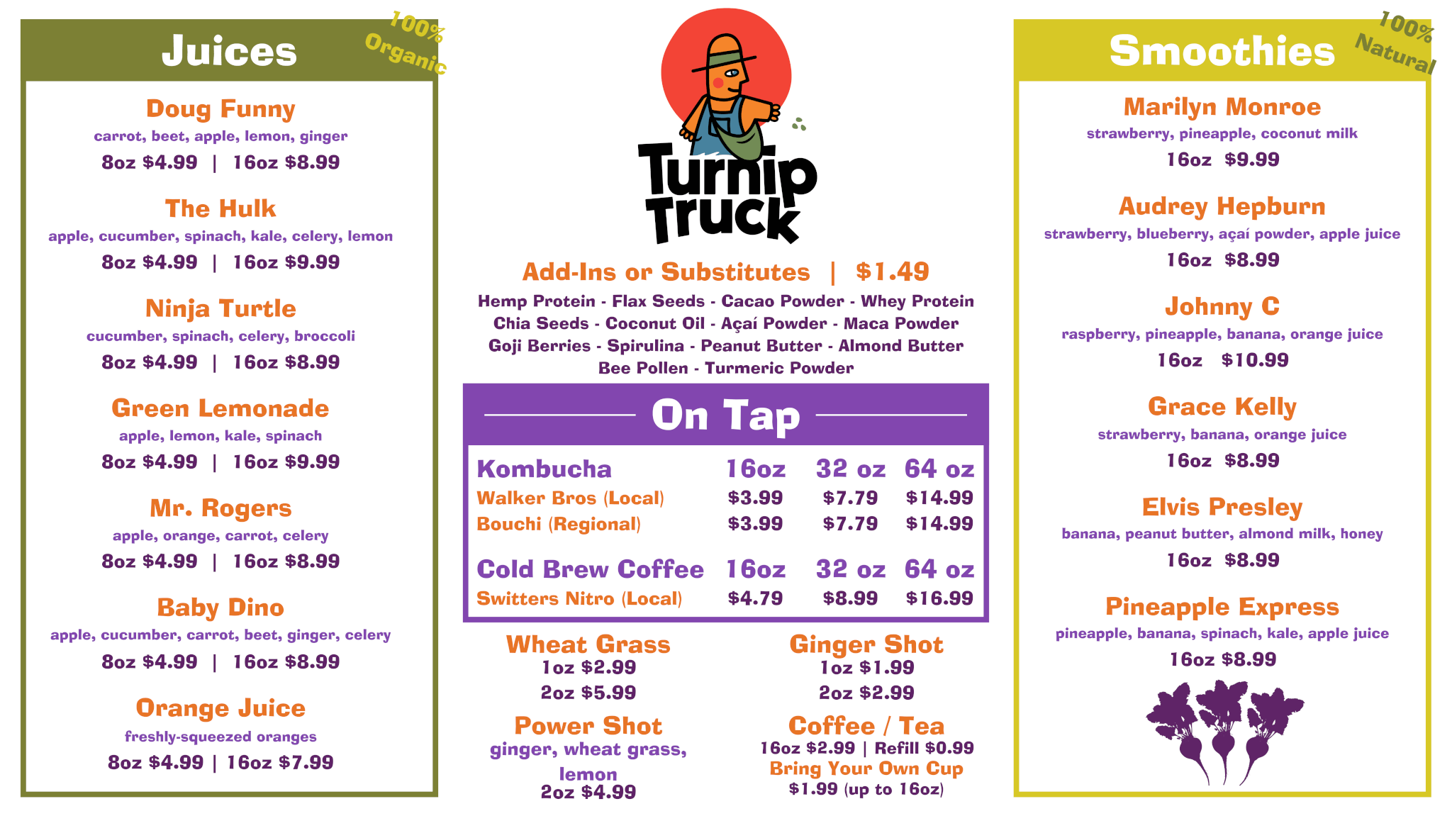 juice bar menu for turnip truck natural market 