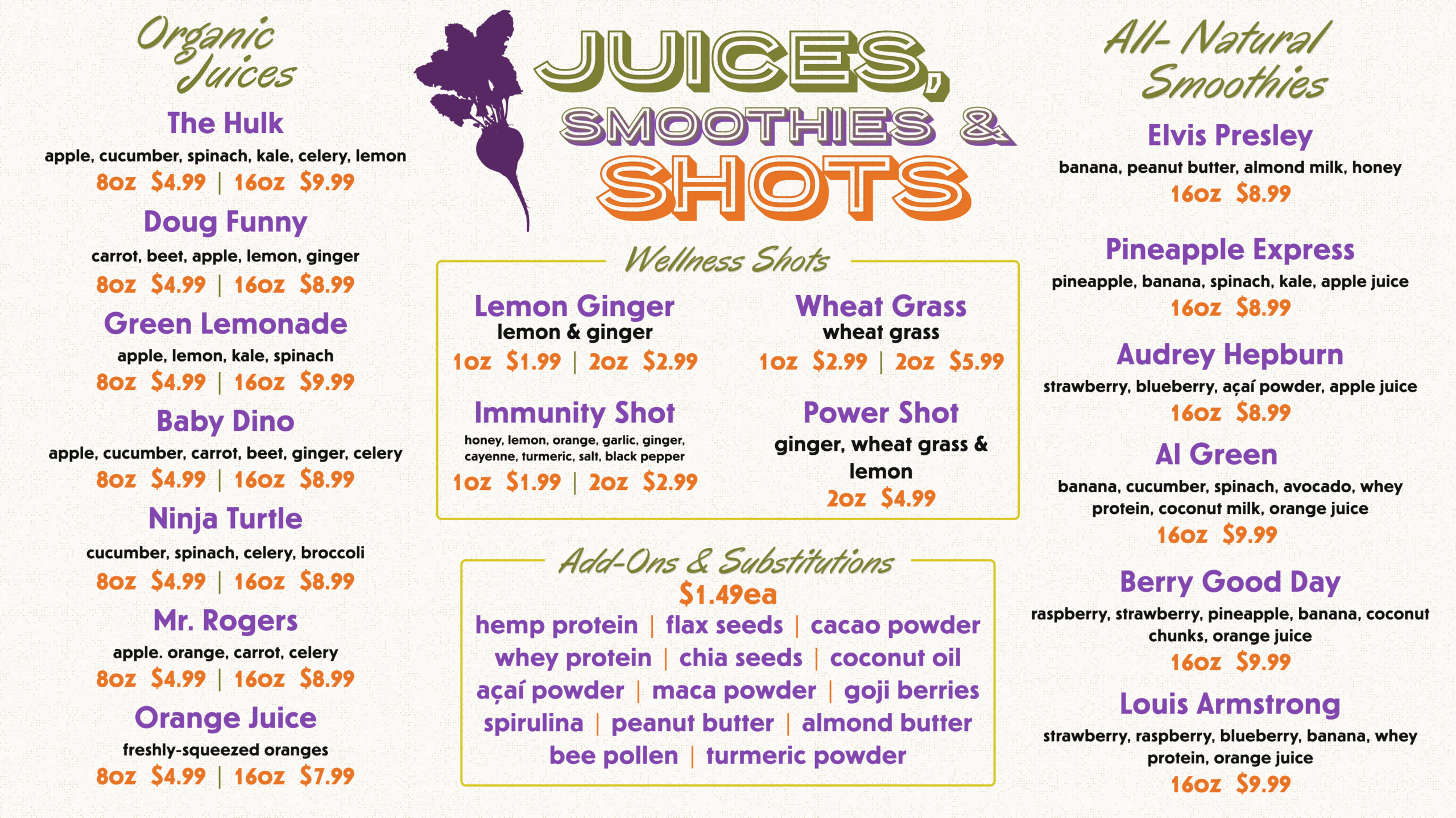juice bar menu for turnip truck natural market 