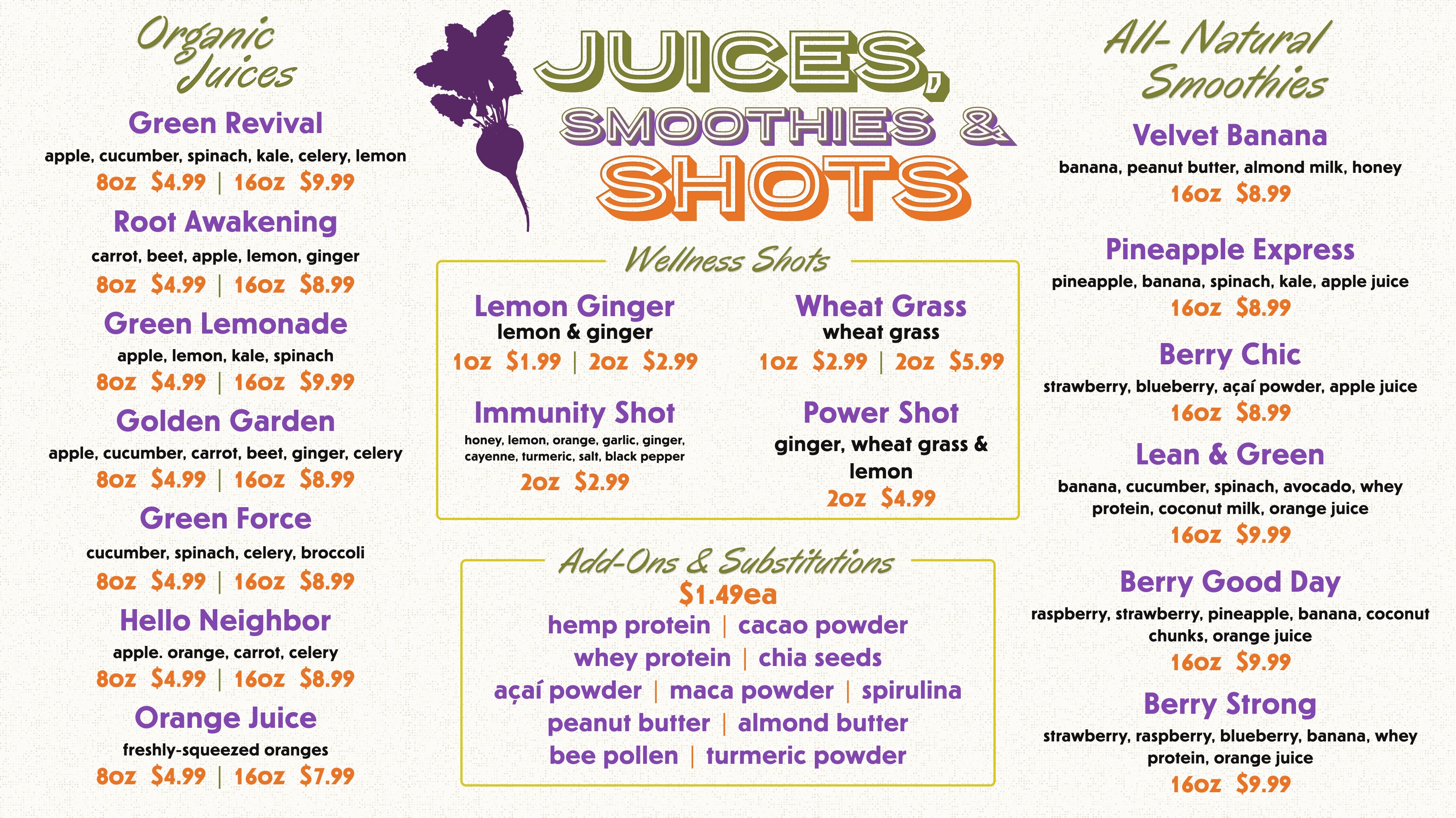 juice bar menu for turnip truck natural market 